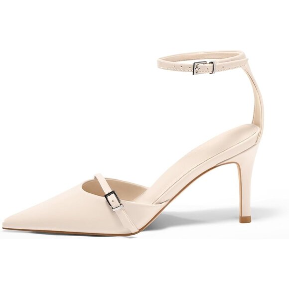 Coutgo Women's Beige Closed Pointed Toe Ankle Buckle Strap Pumps High Heels - Picture 2 of 4
